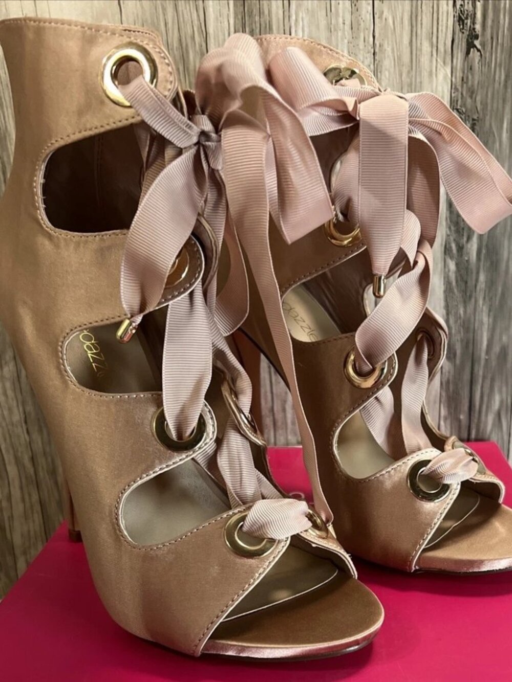 Shoedazzle Lace Up Blush Satin High Heel in size 7.5